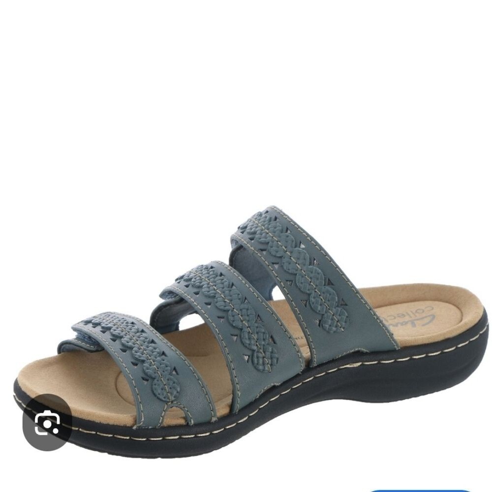 Clarks Laurieann Cove Blue Leather Sandals 3 Strap Adjustable Comfort Shoes 9.5